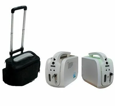 Portable oxygen concentrator on trolley with battery backup.