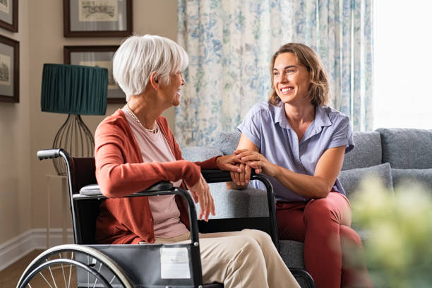 A cheerful elderly patient using a  Durable Medical Equipment (DME)