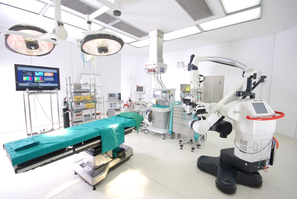 image of a small, well-equipped clinic with essential medical tools neatly arranged.