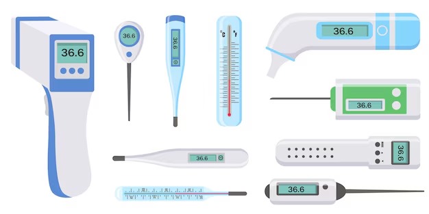 Collage of thermometers in different Nigerian settings (school, clinic, home)