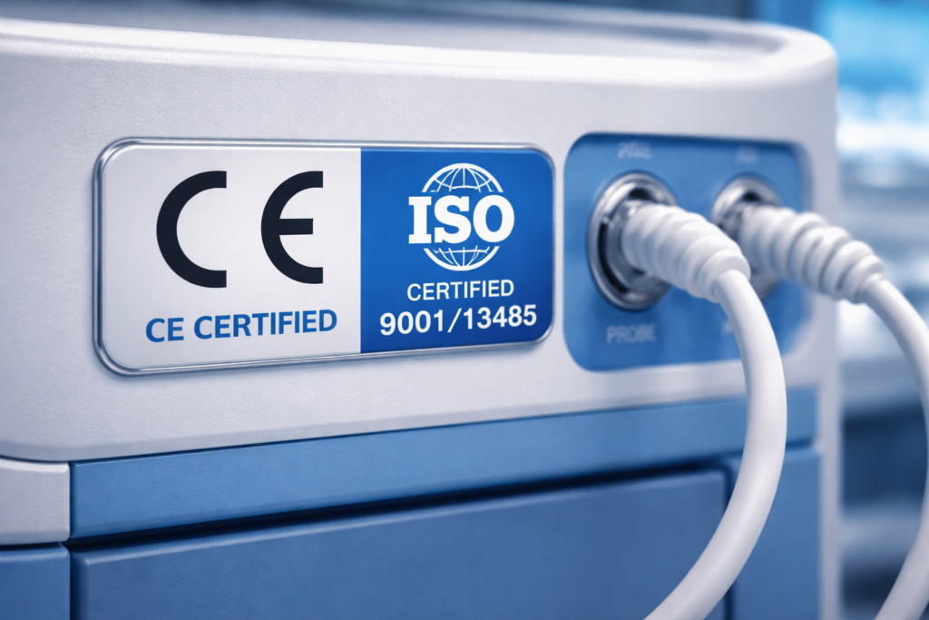 Quality certification labels on medical equipment — CE marking and ISO compliance