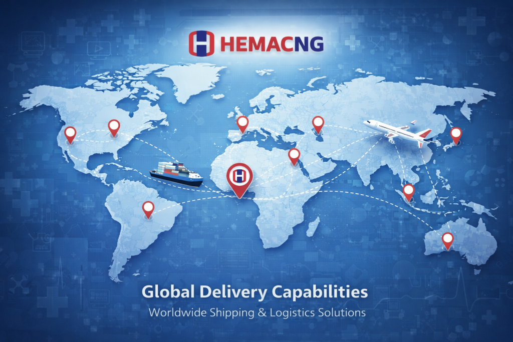HemacNG delivers medical equipment to hospitals worldwide, global shipping map