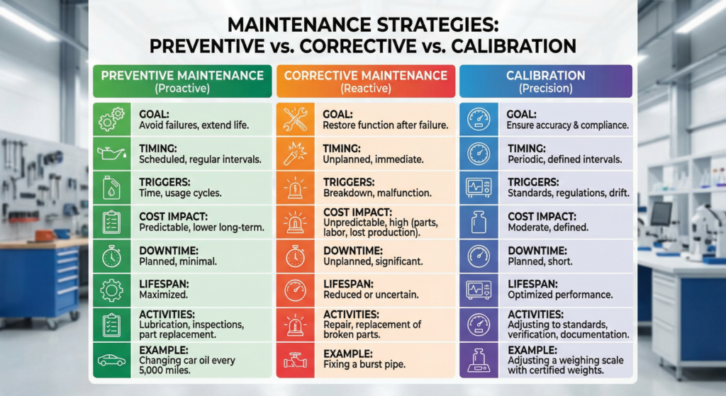 Comparison of after-service types: preventive, corrective, and calibration services