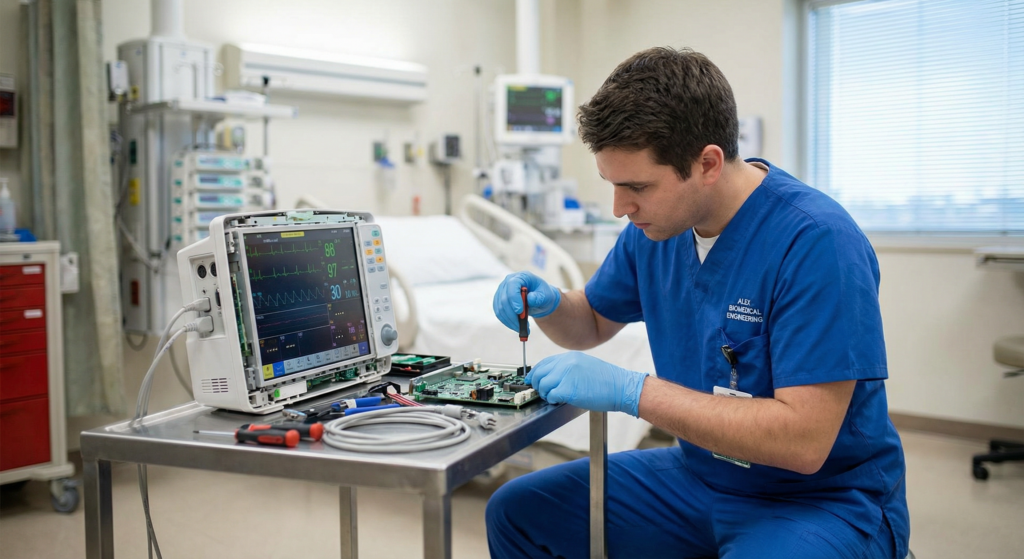 A biomedical technician carefully servicing a patient monitor in a hospital setting as part of medical equipment after-service 