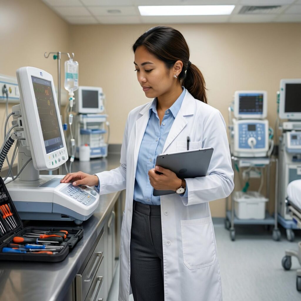 biomedical engineer inspecting equipment