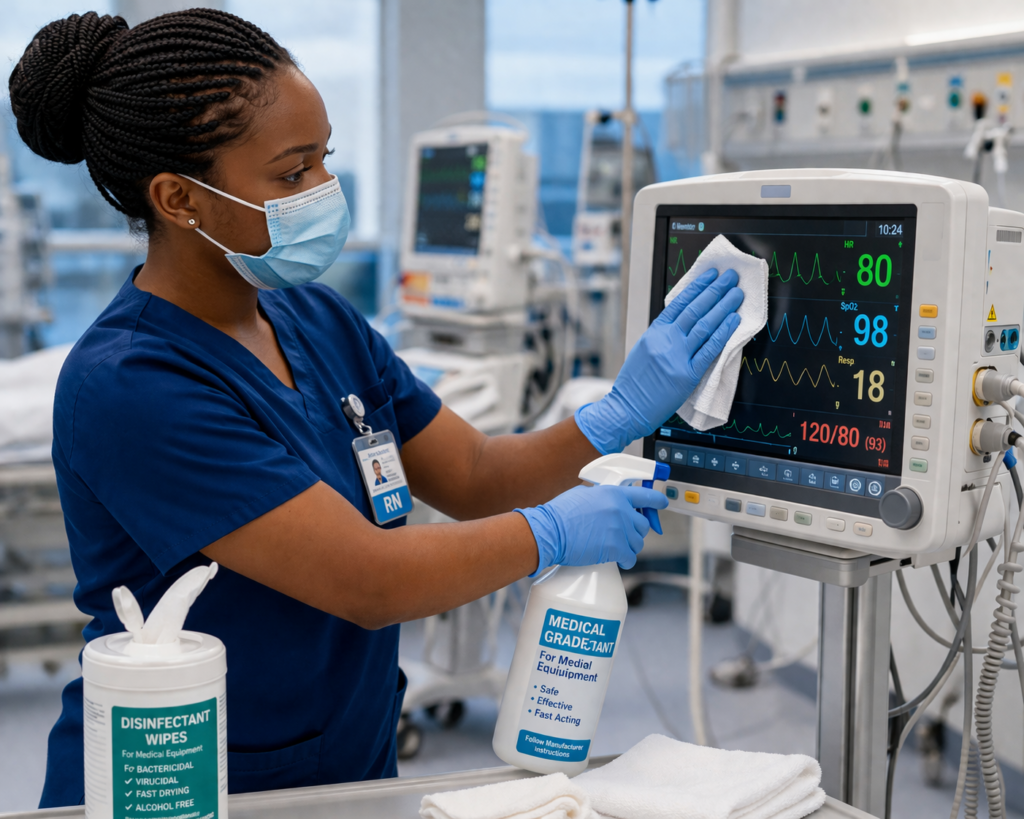 Proper hospital equipment cleaning, nurse carefully cleaning a patient monitor with recommended solutions