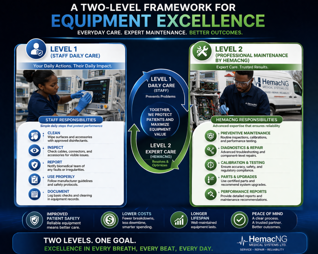 Two levels of hospital equipment care, daily user care and professional maintenance by HemacNG