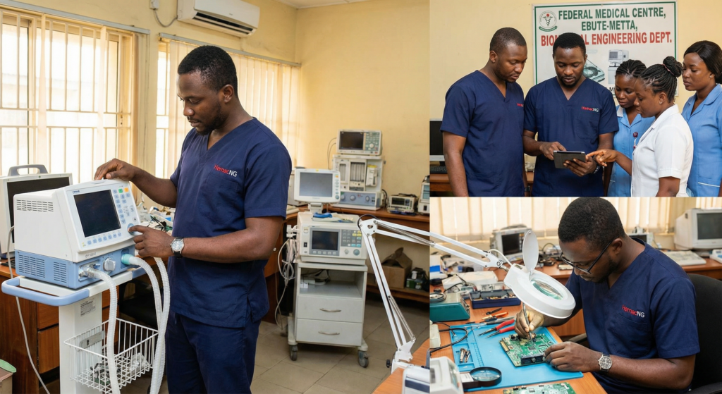 Equipment care training, HemacNG engineer teaching hospital staff proper equipment handling