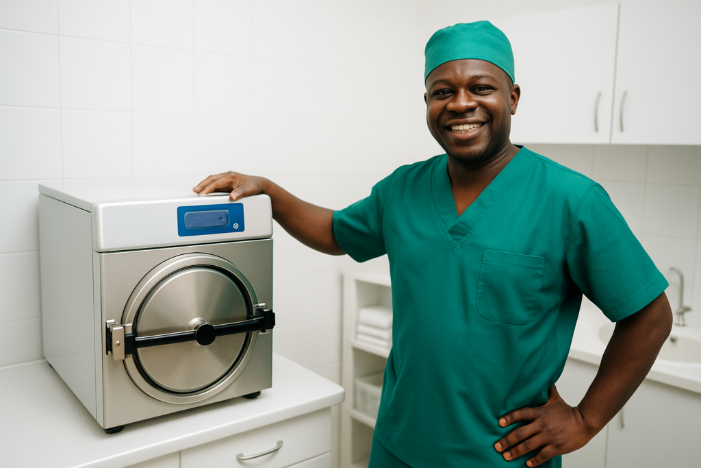 Nigerian clinic owner with new autoclave from HemacNG - investing in patient safety and practice success