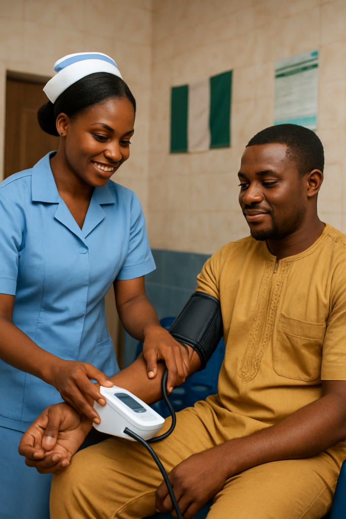 Digital blood pressure monitor in use, essential item in clinic starter kit Nigeria