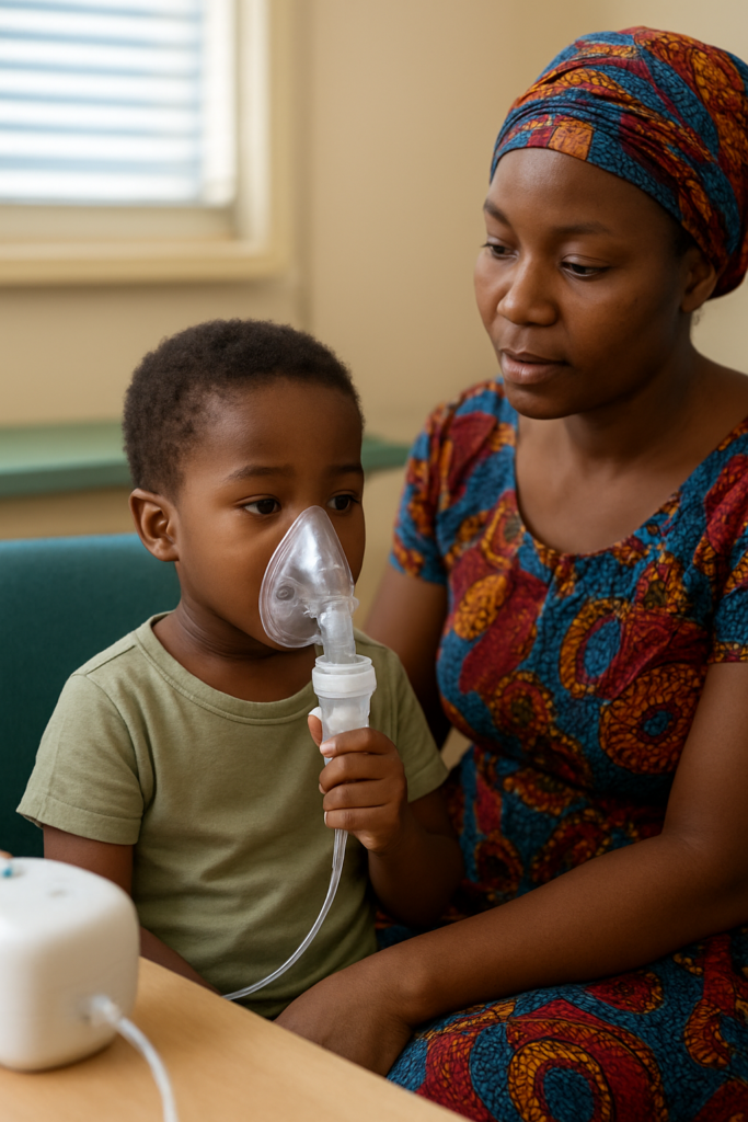 Nebulizer machine treating pediatric patient, vital equipment in Nigeria