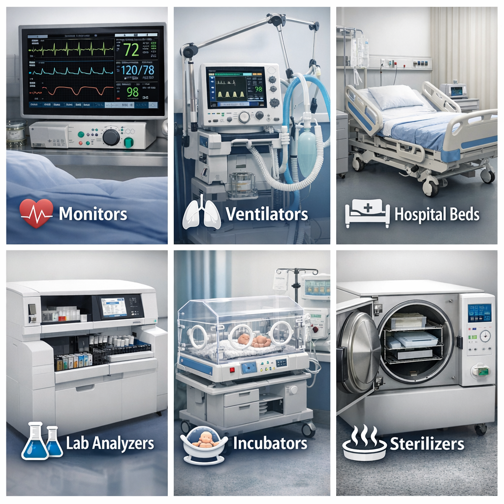 Equipment-specific care guides, patient monitors, ventilators, hospital beds, lab equipment, and more