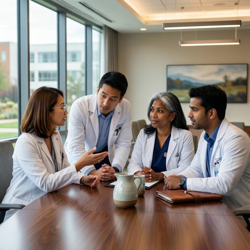 Hospital equipment planning meeting, conducting needs assessment for medical equipment management