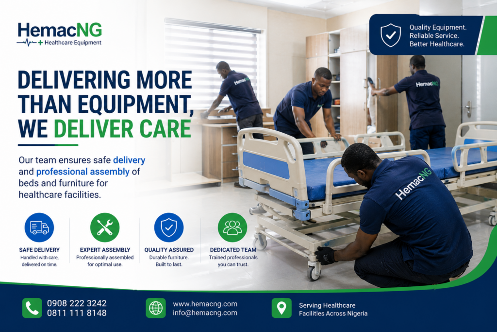 HemacNG technicians delivering and installing hospital beds and furniture in a Nigerian hospital