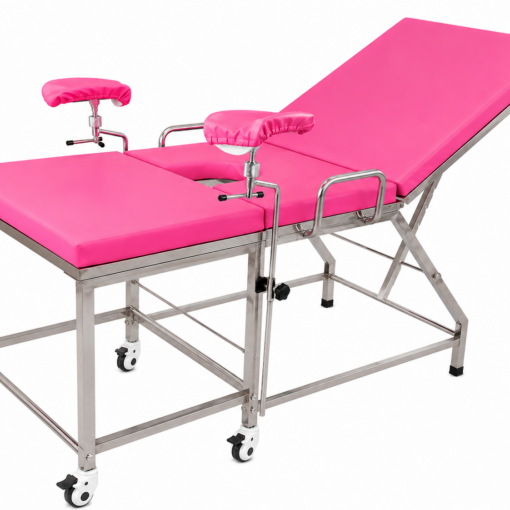 Stainless steel gynecological examination table with adjustable backrest and leg supports for OB?GYN procedures.