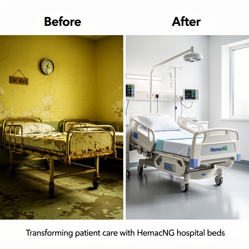 Comparison of outdated and new hospital beds showing benefits of buying quality hospital furniture in Nigeria