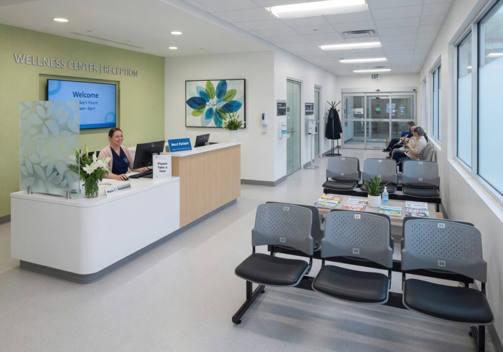 Well-furnished clinic waiting area with hospital-grade chairs in Nigeria