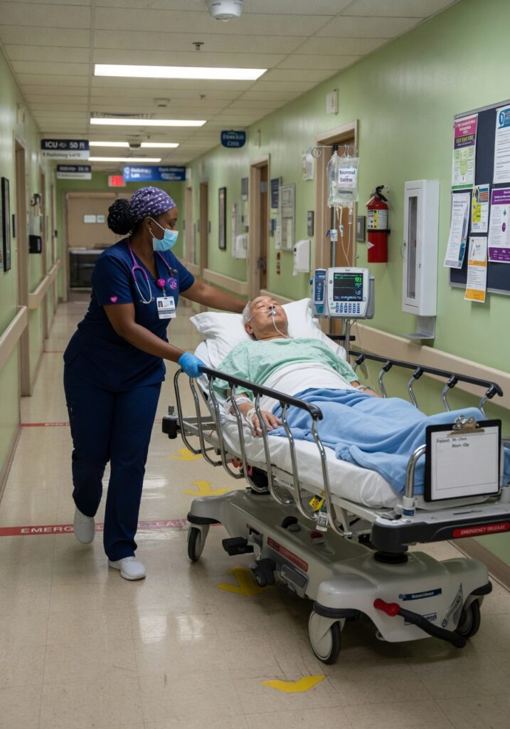 Nurse using a medical stretcher purchased from HemacNG as part of hospital furniture in Nigeria