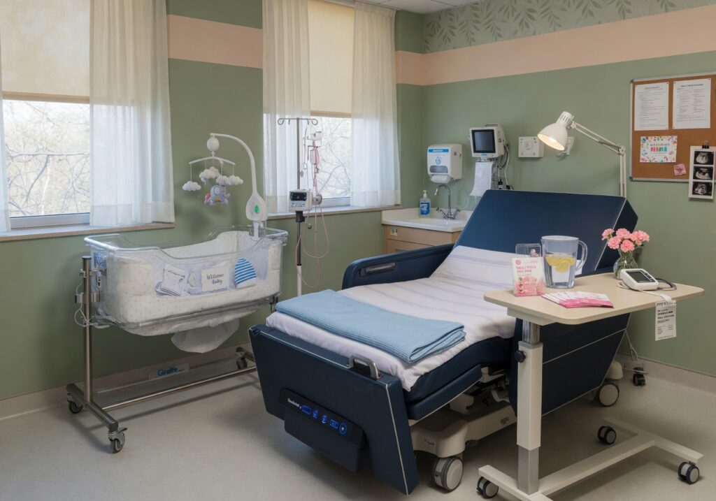 Maternity clinic in Nigeria equipped with hospital beds, baby cots and over bed tables