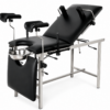 Adjustable gynecology examination table with padded leg supports and stainless-steel collection bowl for hospitas and clinics