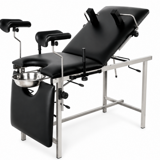 Adjustable gynecology examination table with padded leg supports and stainless-steel collection bowl for hospitas and clinics