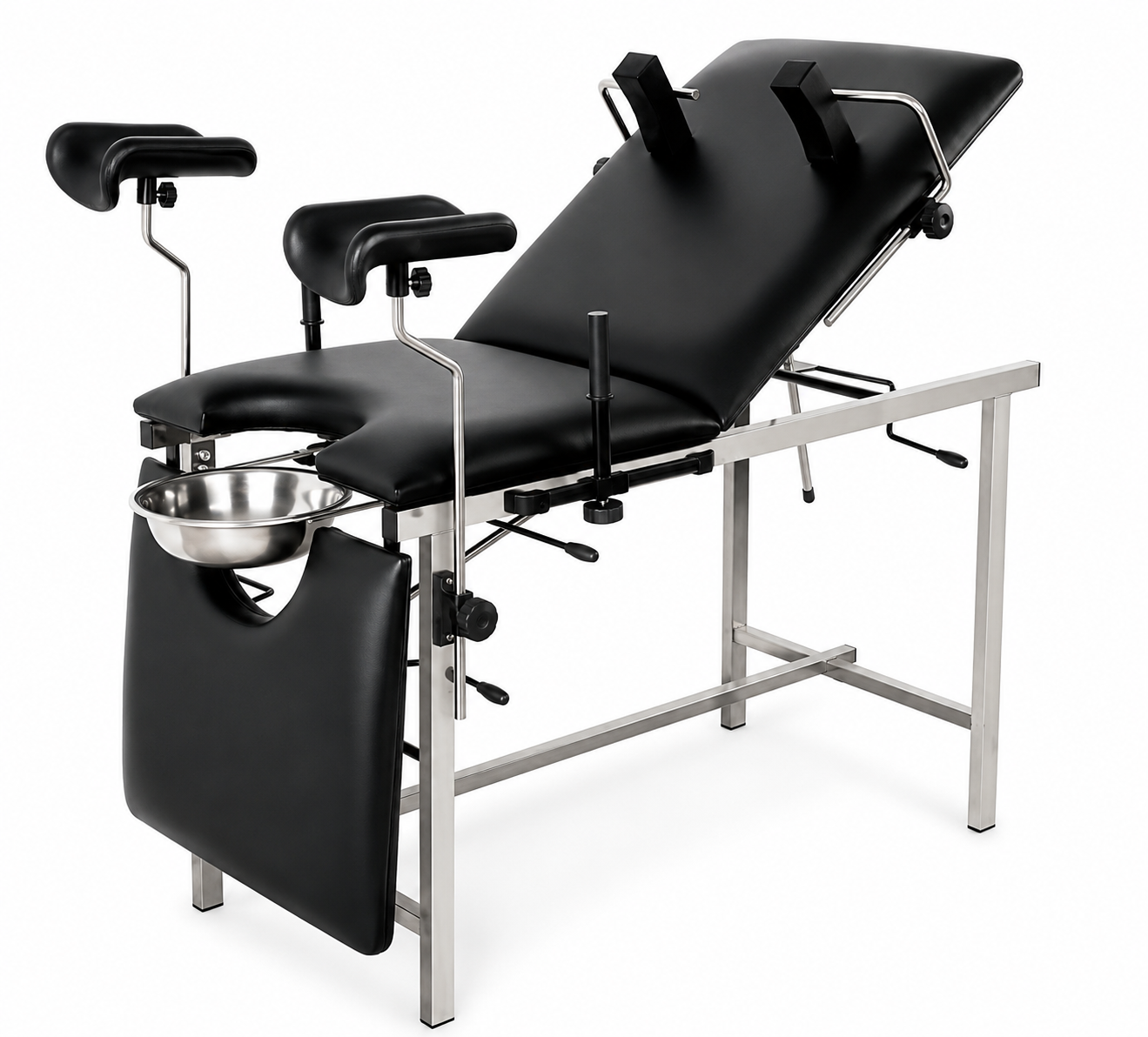 Adjustable gynecology examination table with padded leg supports and stainless-steel collection bowl for hospitas and clinics