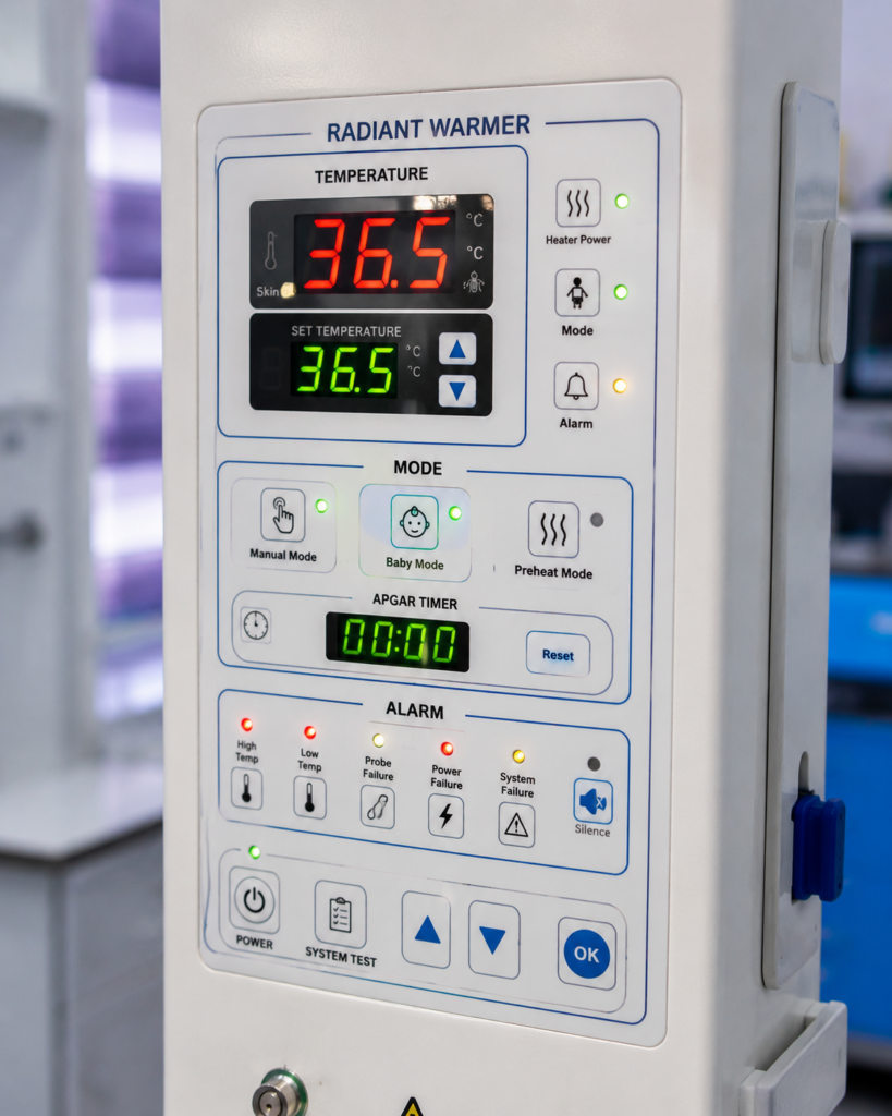 Control panel of the best infant radiant warmer in Nigeria with precise temperature and safety alarms