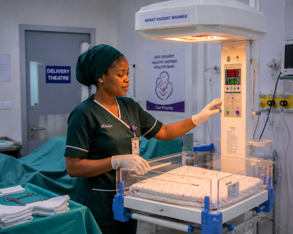 Nurse preparing infant radiant warmer in Nigeria before a high‑risk delivery