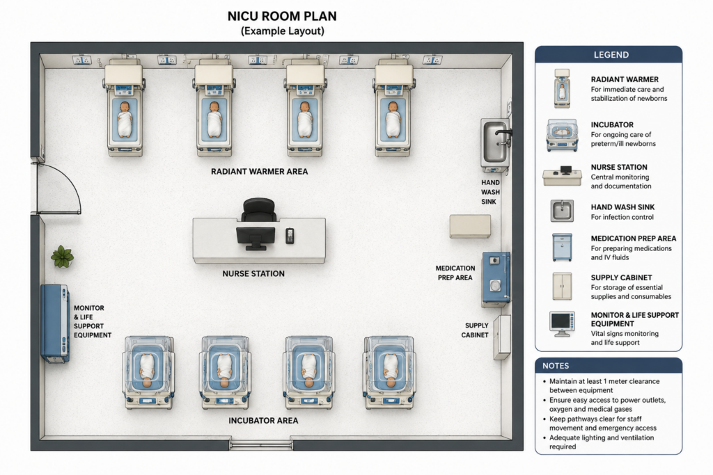 Space planning for radiant warmer vs incubator in a neonatal unit