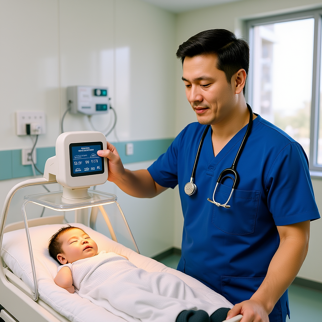 Infant radiant warmer being used for newborn stabilisation