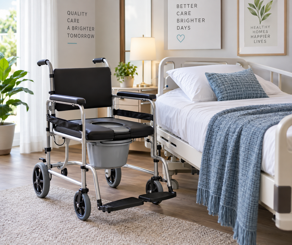 Commode wheelchair beside a hospital bed in a clean home-care environment.