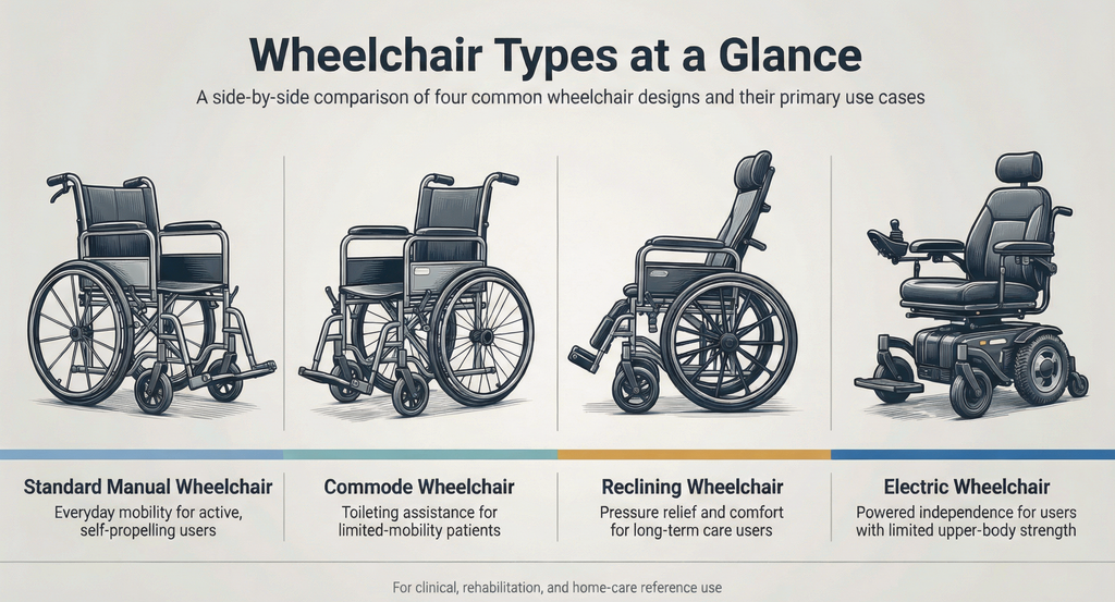 Side-by-side visual comparison of standard manual, commode, reclining, and electric wheelchairs, with simple labels showing their main use cases.
