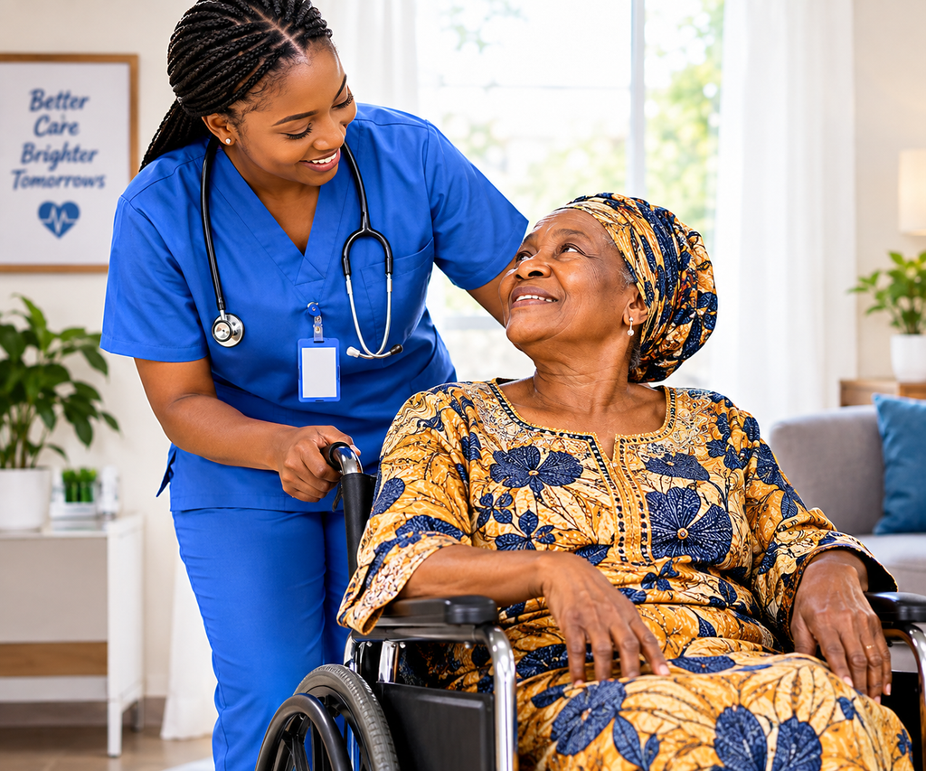 A Nigerian healthcare worker assisting an elderly patient using a wheelchair in a clinic.