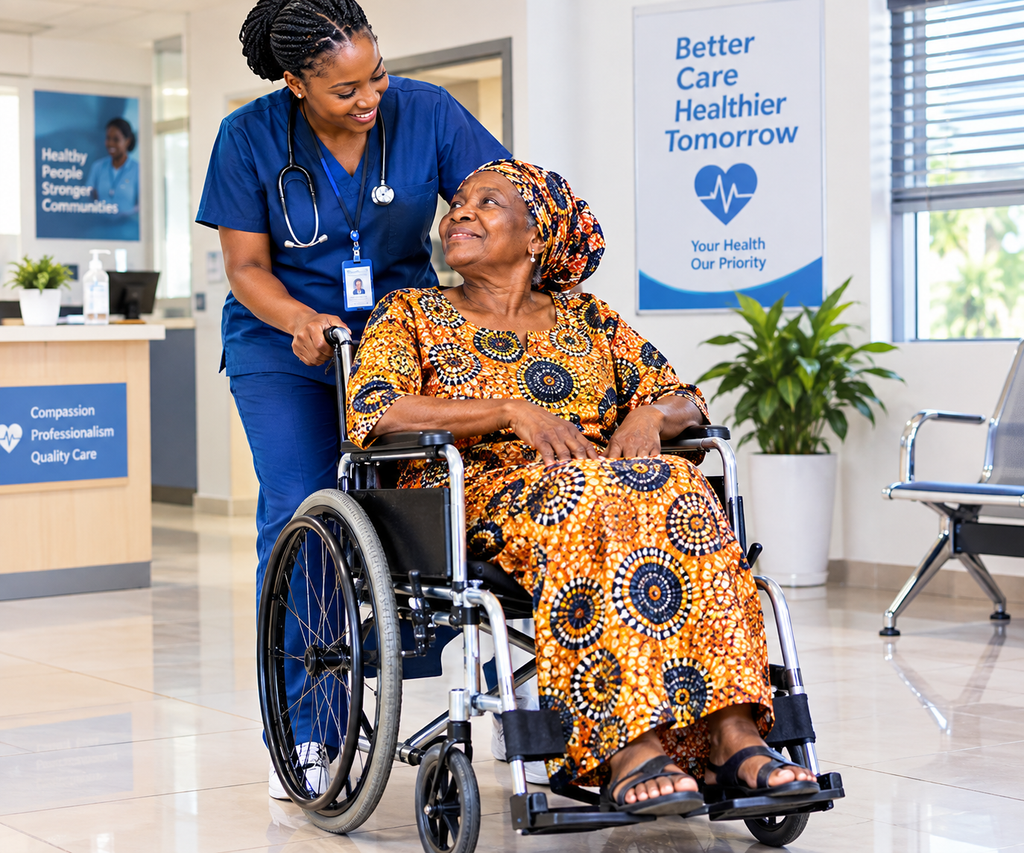 Standard foldable manual wheelchair being used by an elderly Nigerian patient in a clinic.