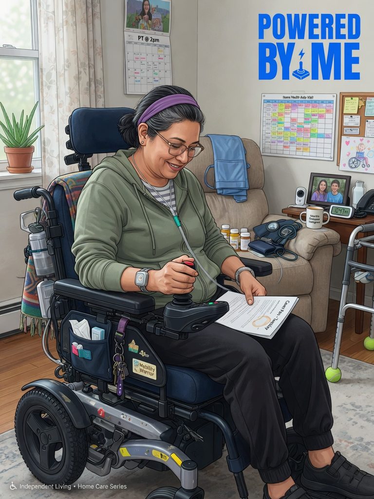 Electric wheelchair user operating a joystick in a home-care environment.